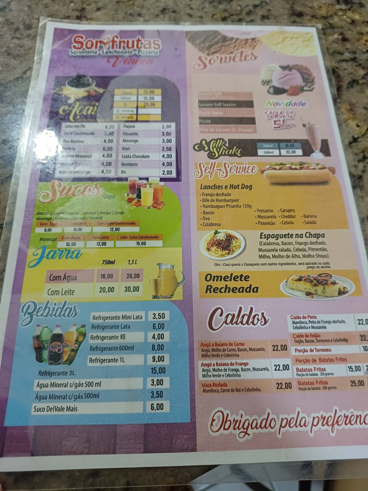 Sorveteria Só Fruta cardápio