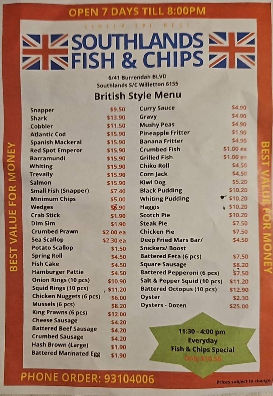 Menu at Southlands Fish & Chips fast food, Willetton