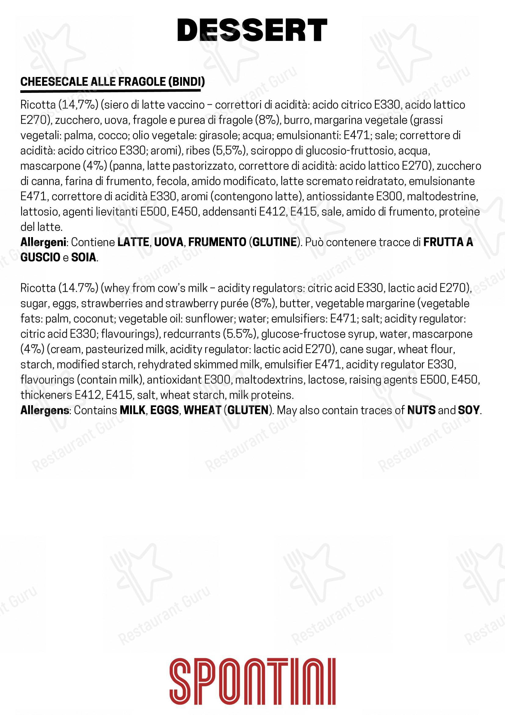 Menu per Spontini Milano 1953 pizzeria