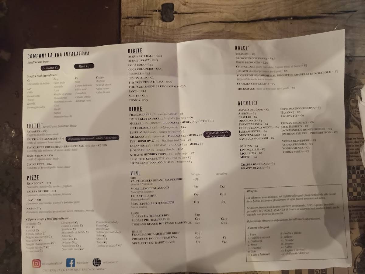 Menu di Arizona 66 - Palazzo Pignano 