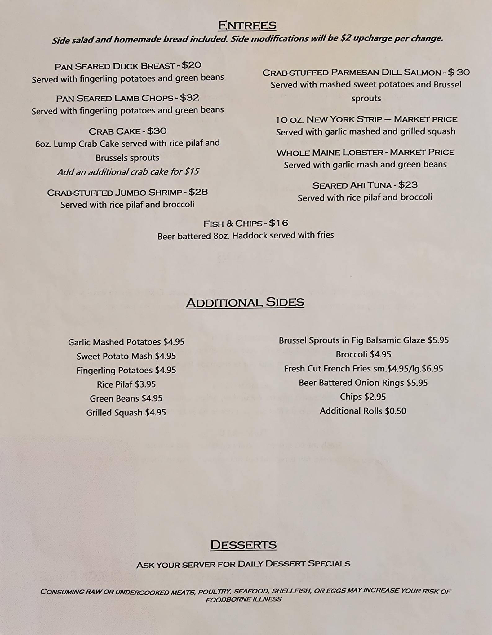 Menu at The Hoof, Fin & Fowl steakhouse, Gettysburg