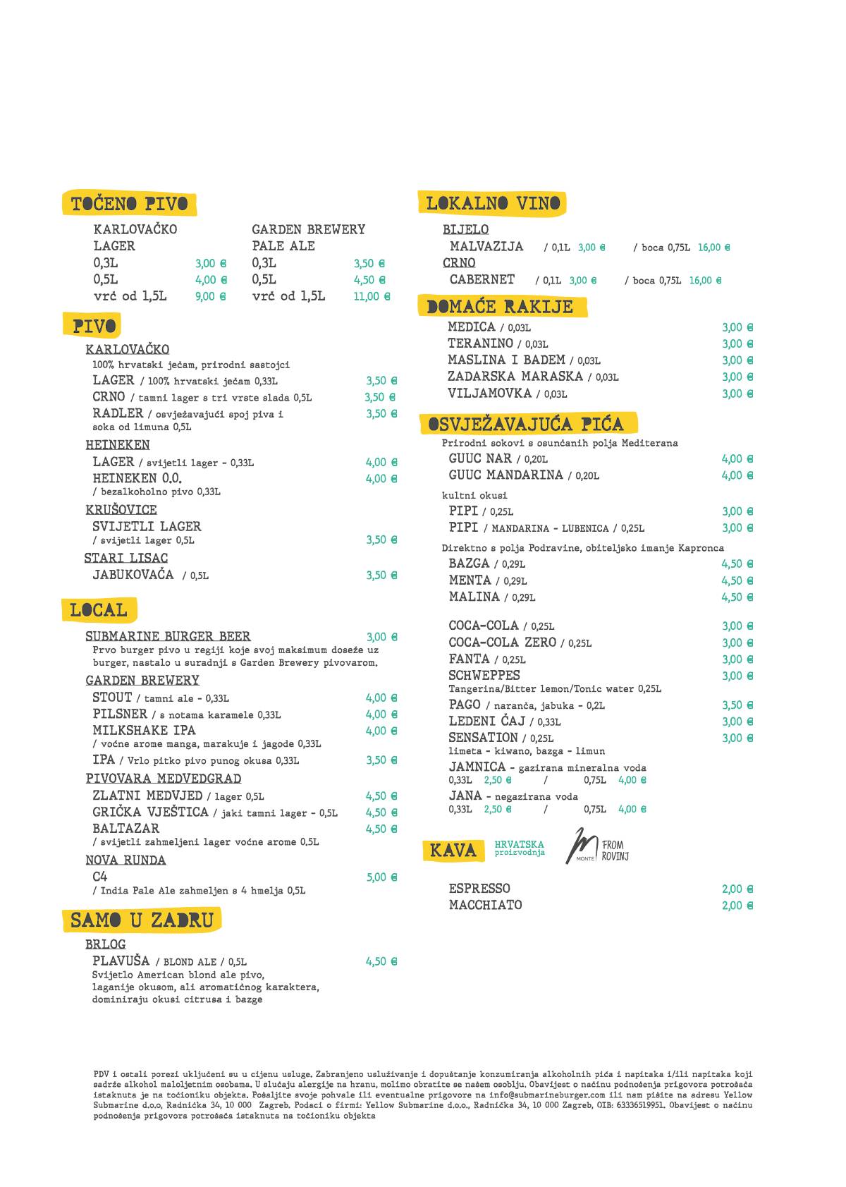 Menu di Submarine Burger Zadar 