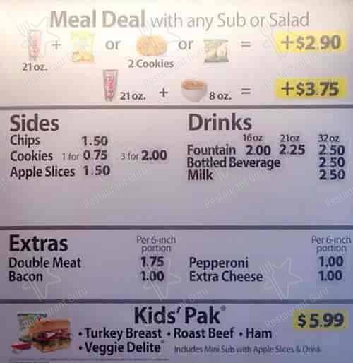 Menu de Subway