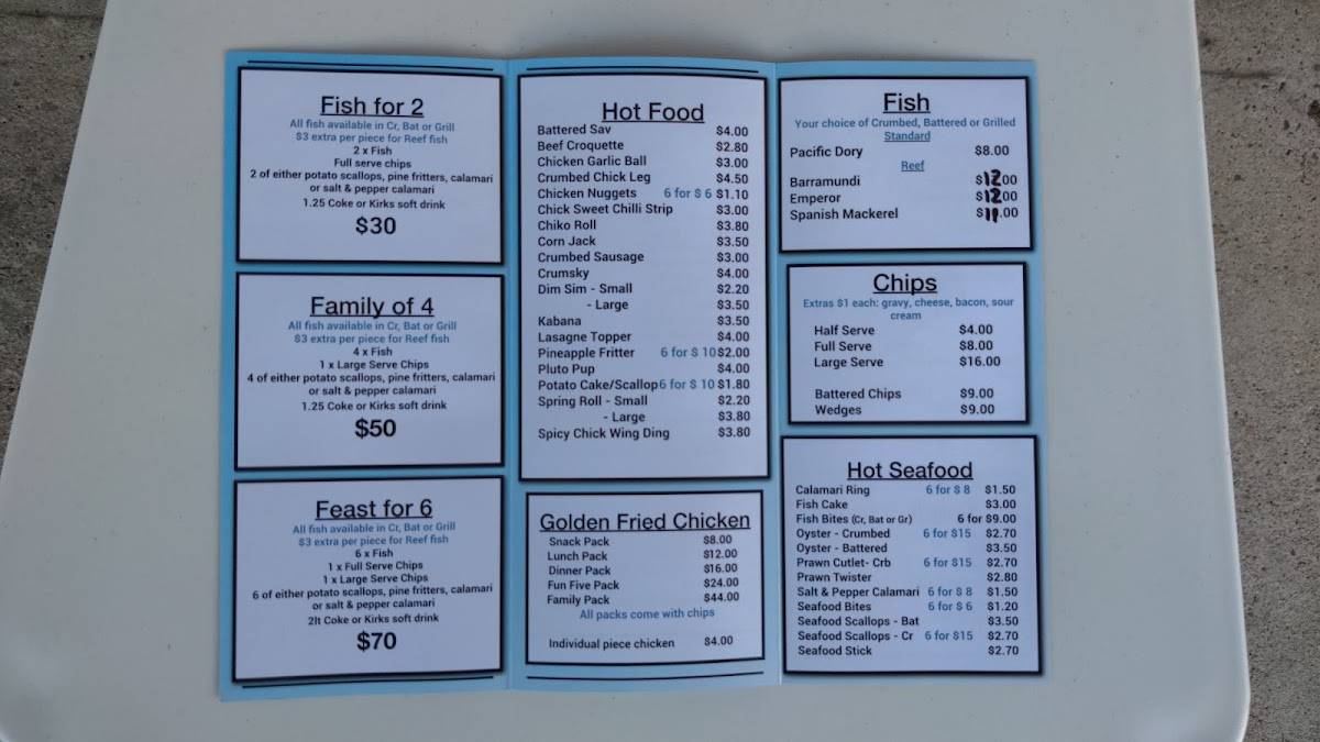 Menu at Sue's Seafood & Takeaway fast food, Sarina