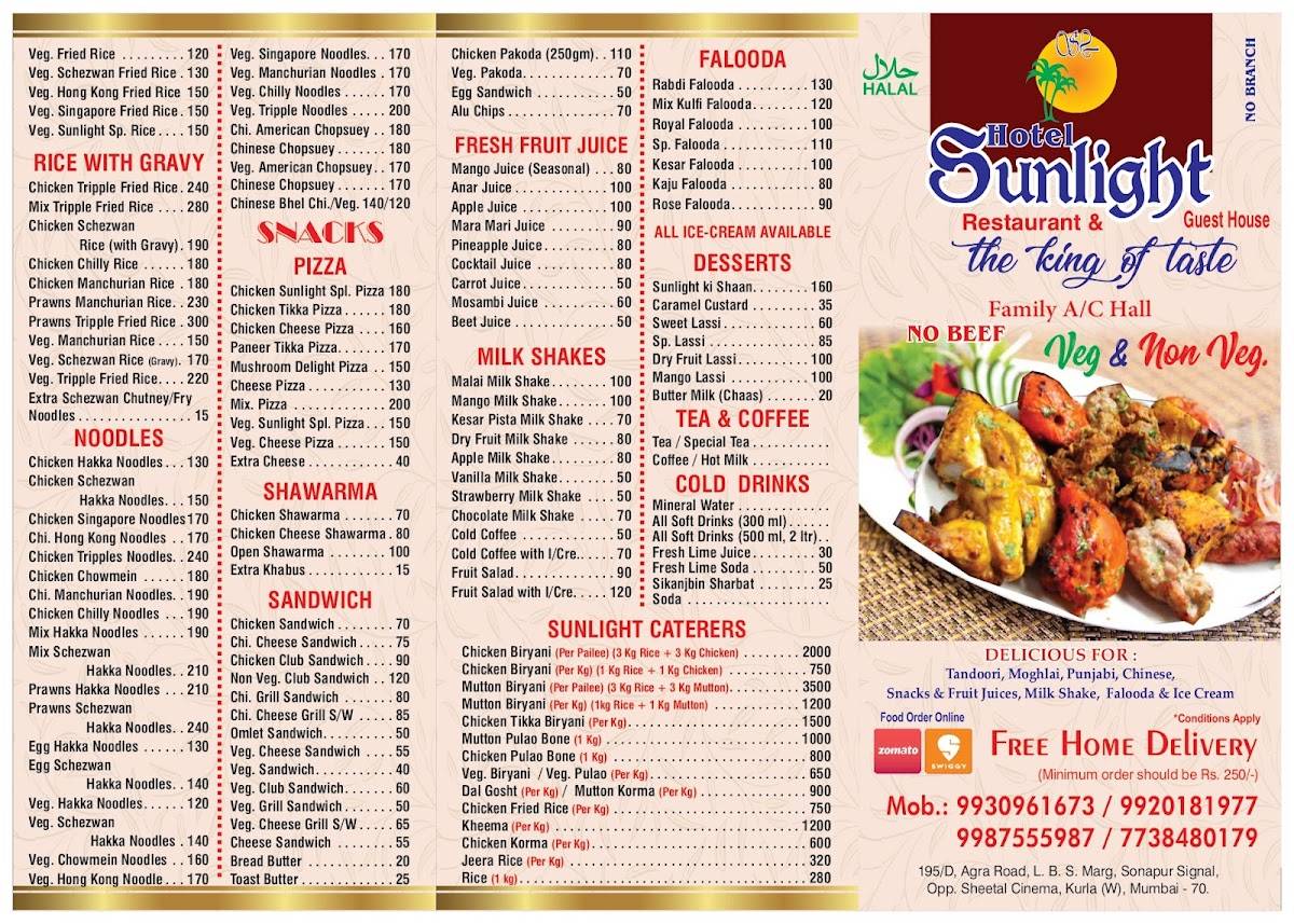 Sunlight Hotel menu