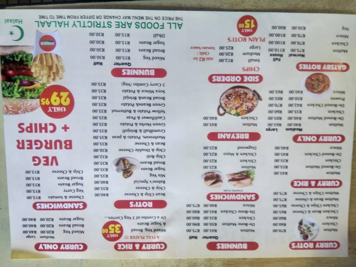 Menu at Sunrise Chip 'N Ranch fast food, Cape Town