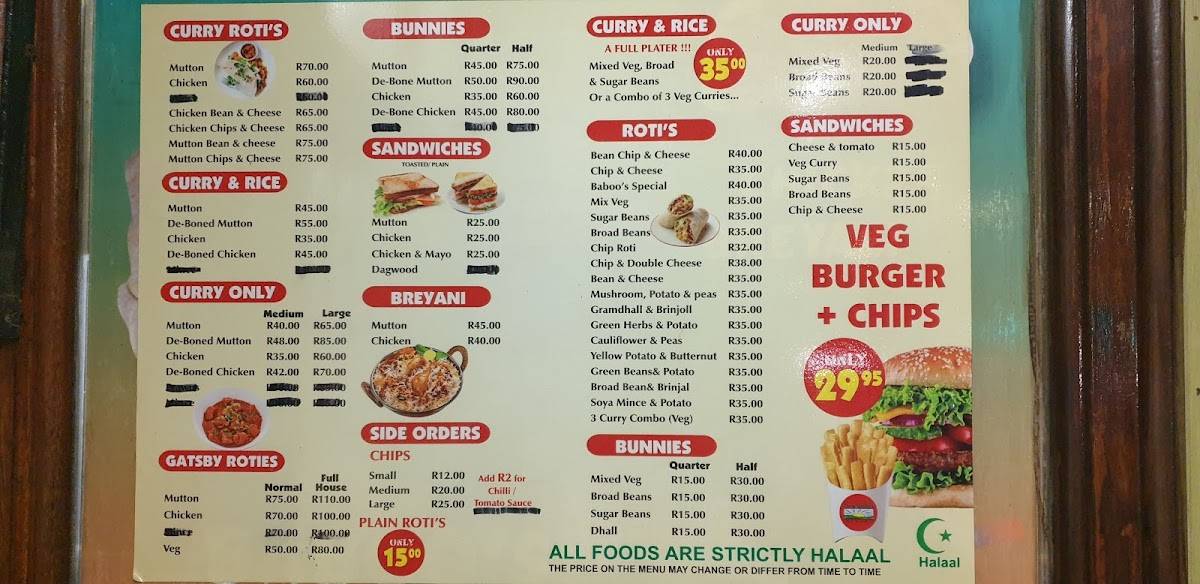 Menu at Sunrise Chip 'N Ranch fast food, Cape Town