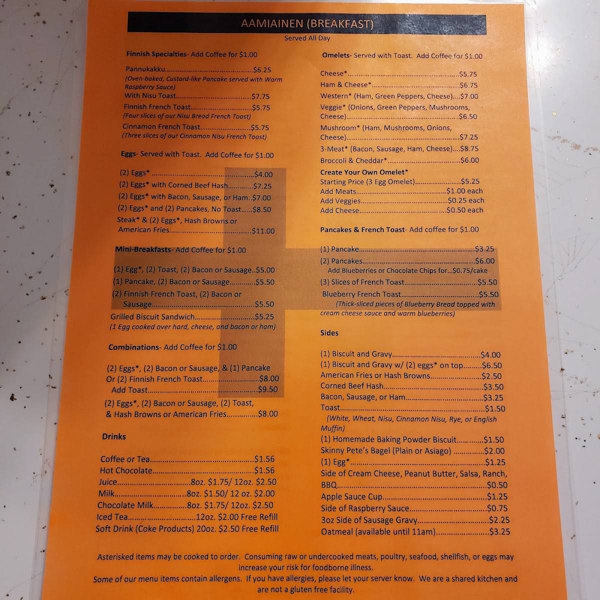 Menu at Suomi Home Bakery & Restaurant, Houghton