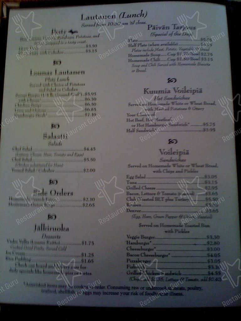 Menu at Suomi Home Bakery & Restaurant, Houghton