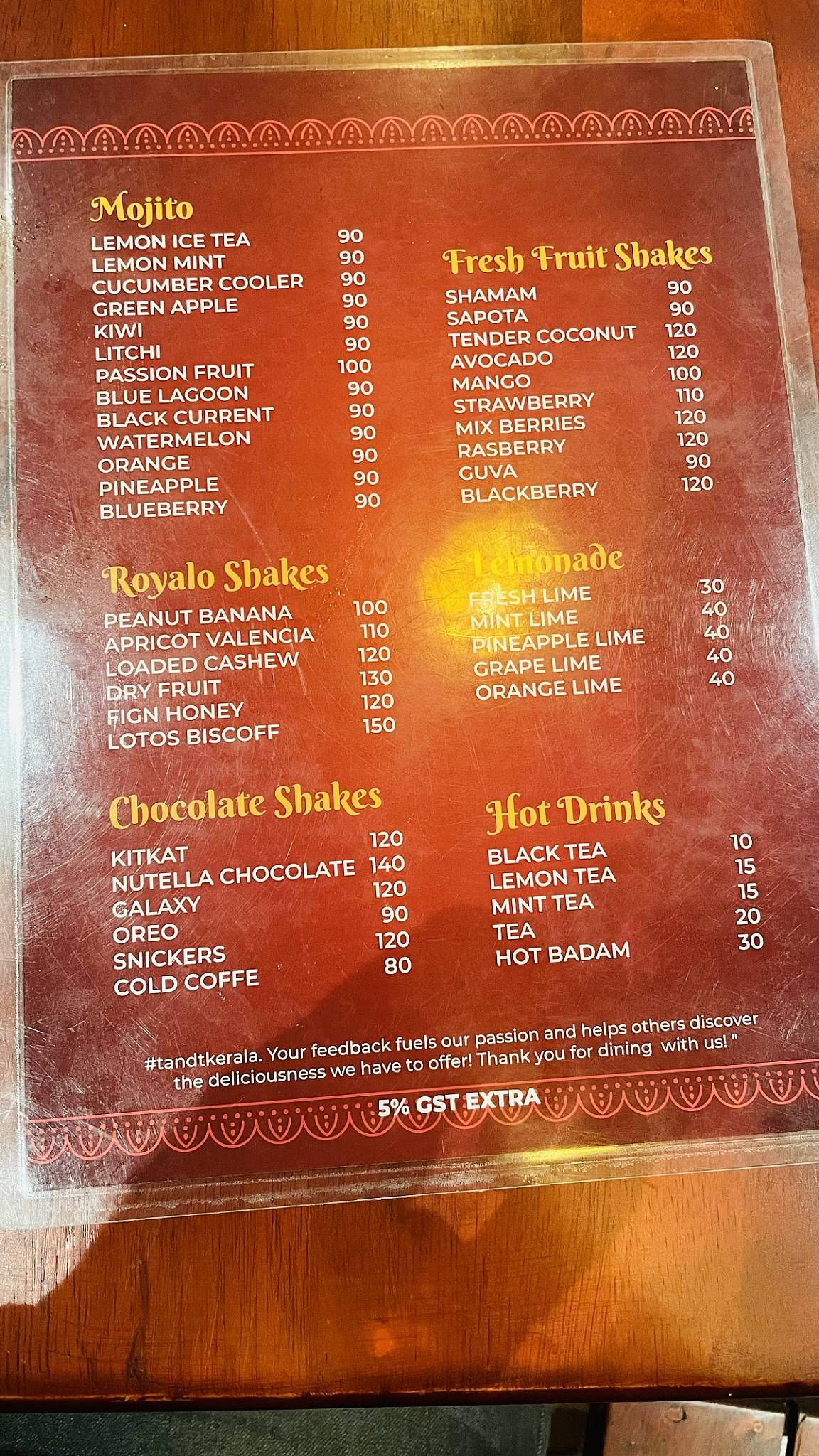 T&T CALICUT menu