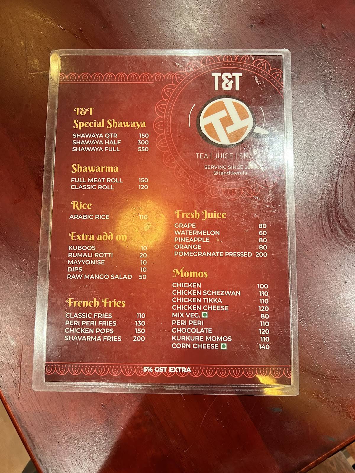 T&T CALICUT menu