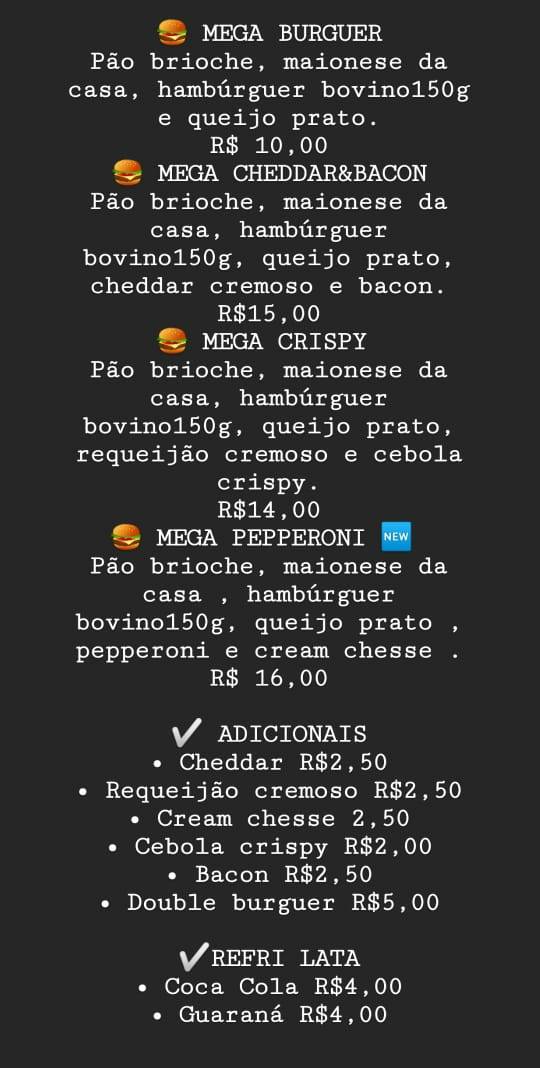 Tá na Mega - Hamburgueria cardápio