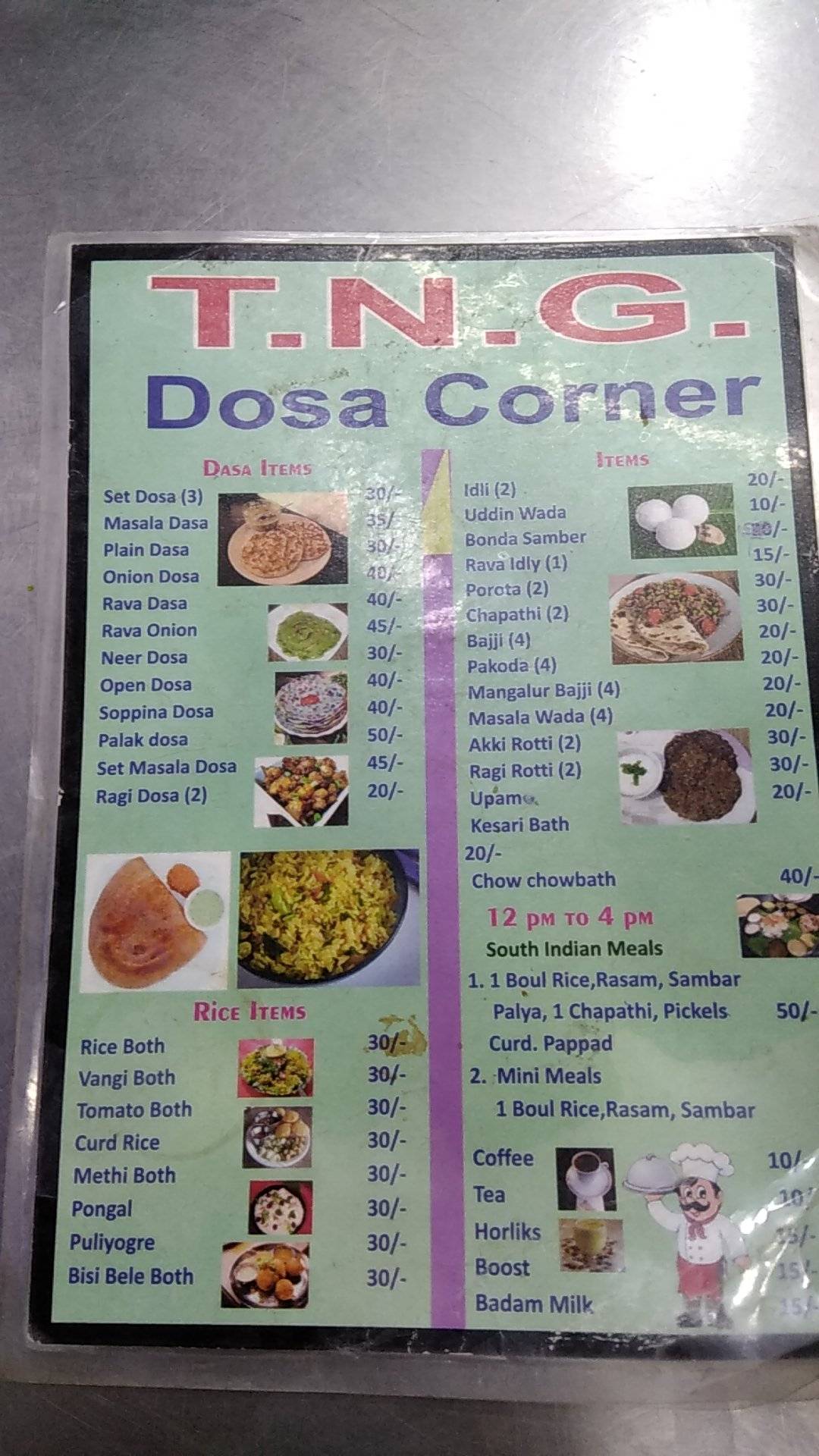 Menu at TNG Dosa Corner, Mysuru