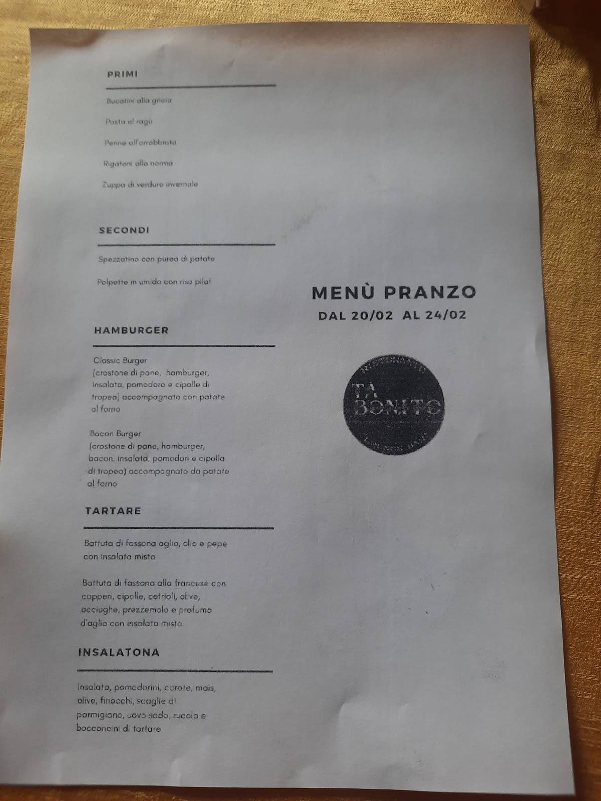 Menu de Ta' Bonito Ristorante