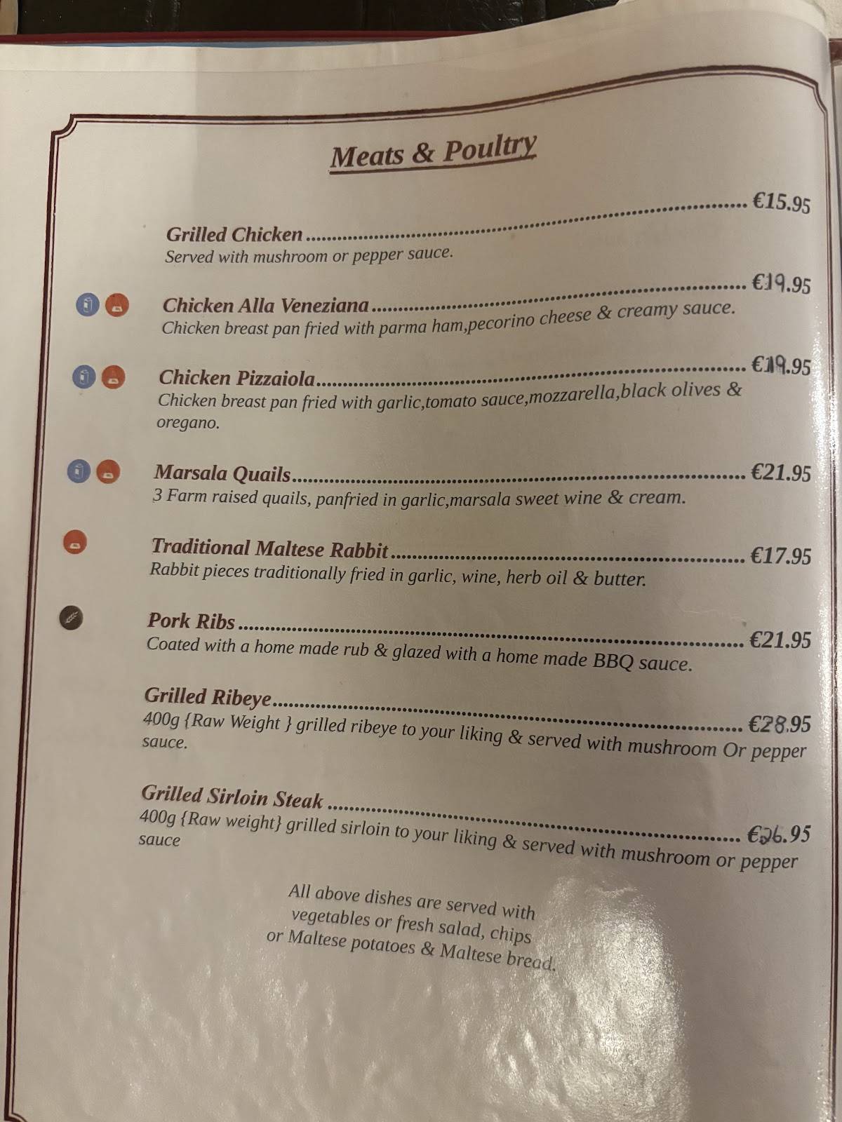 Menu de Ta' Klariċċ Restaurant