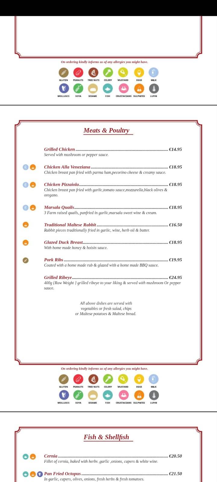 Menu de Ta' Klariċċ Restaurant