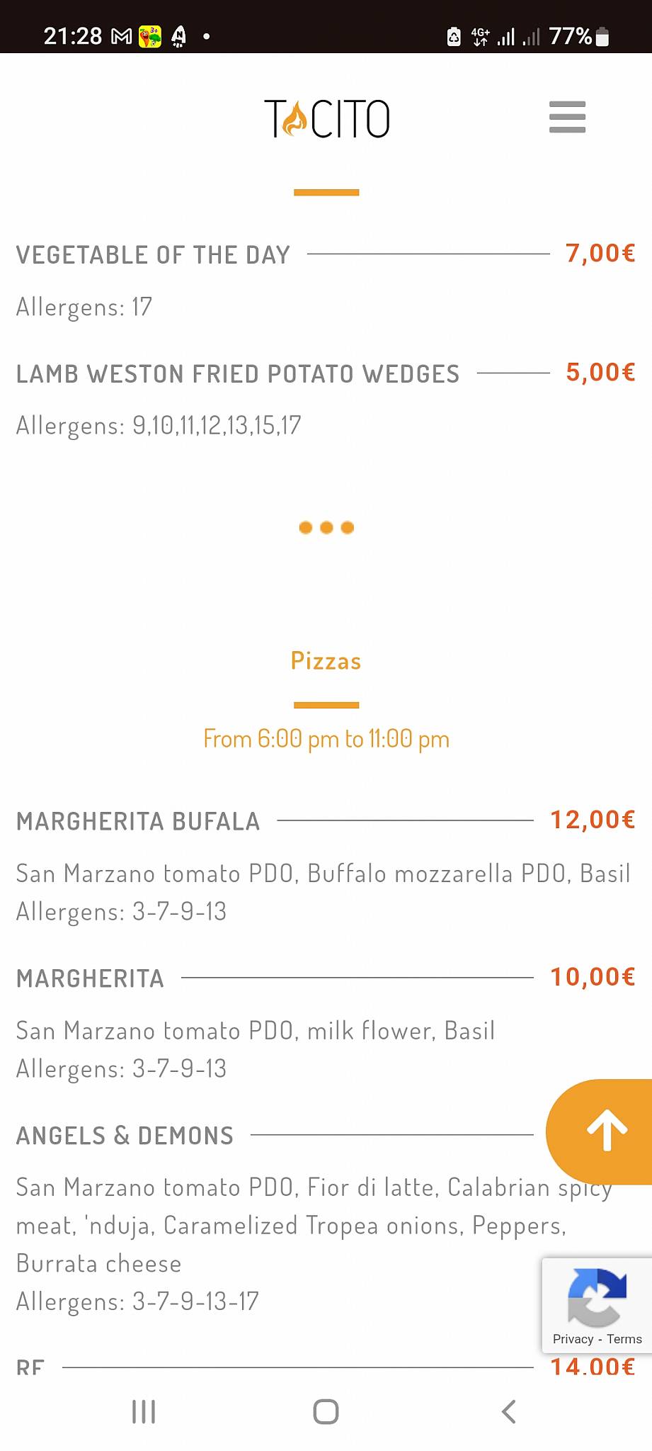 Menu de Tacito