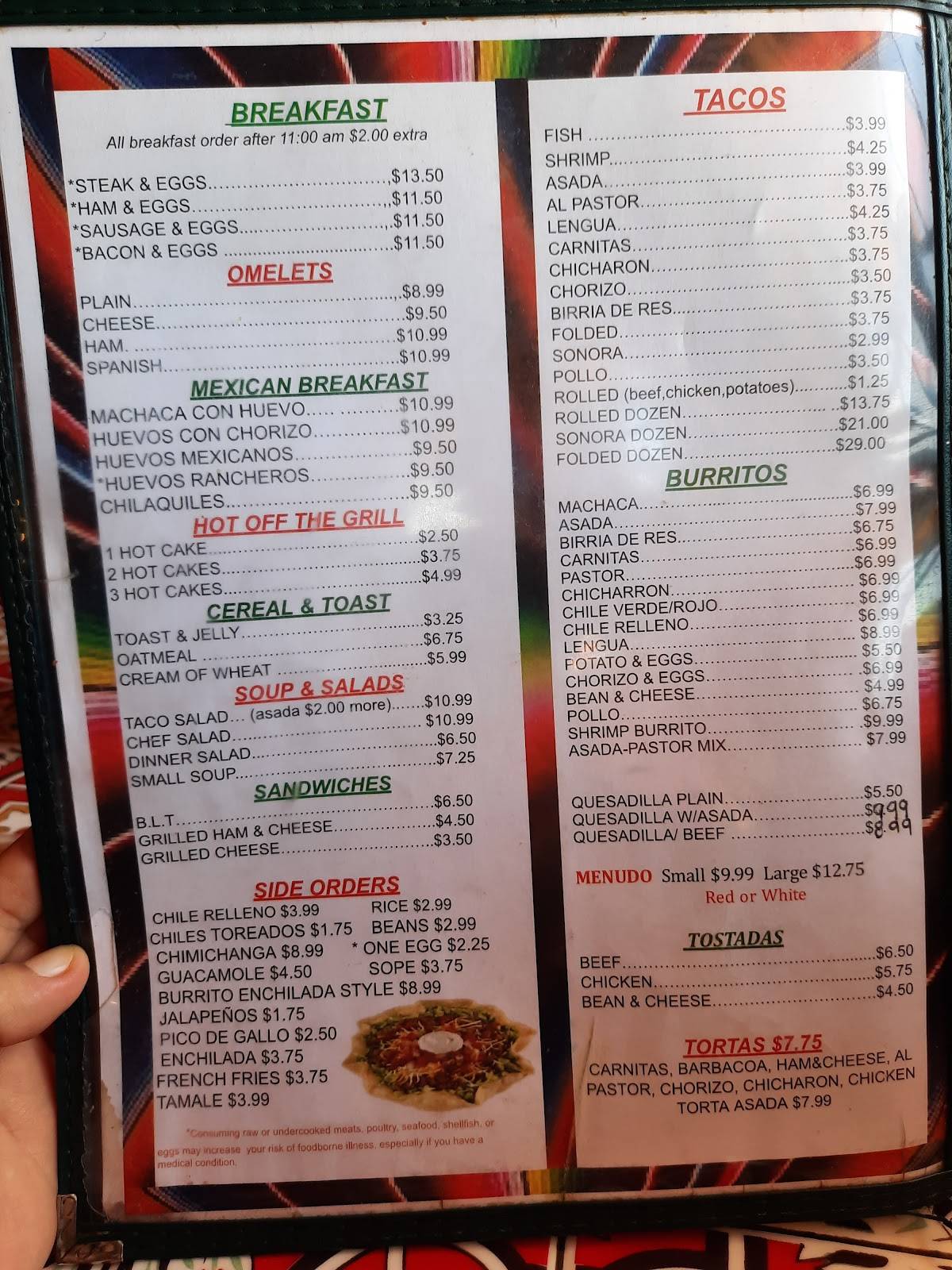 Menu at Tacos Mi Rancho restaurant, Yuma, 188 S 4th Ave
