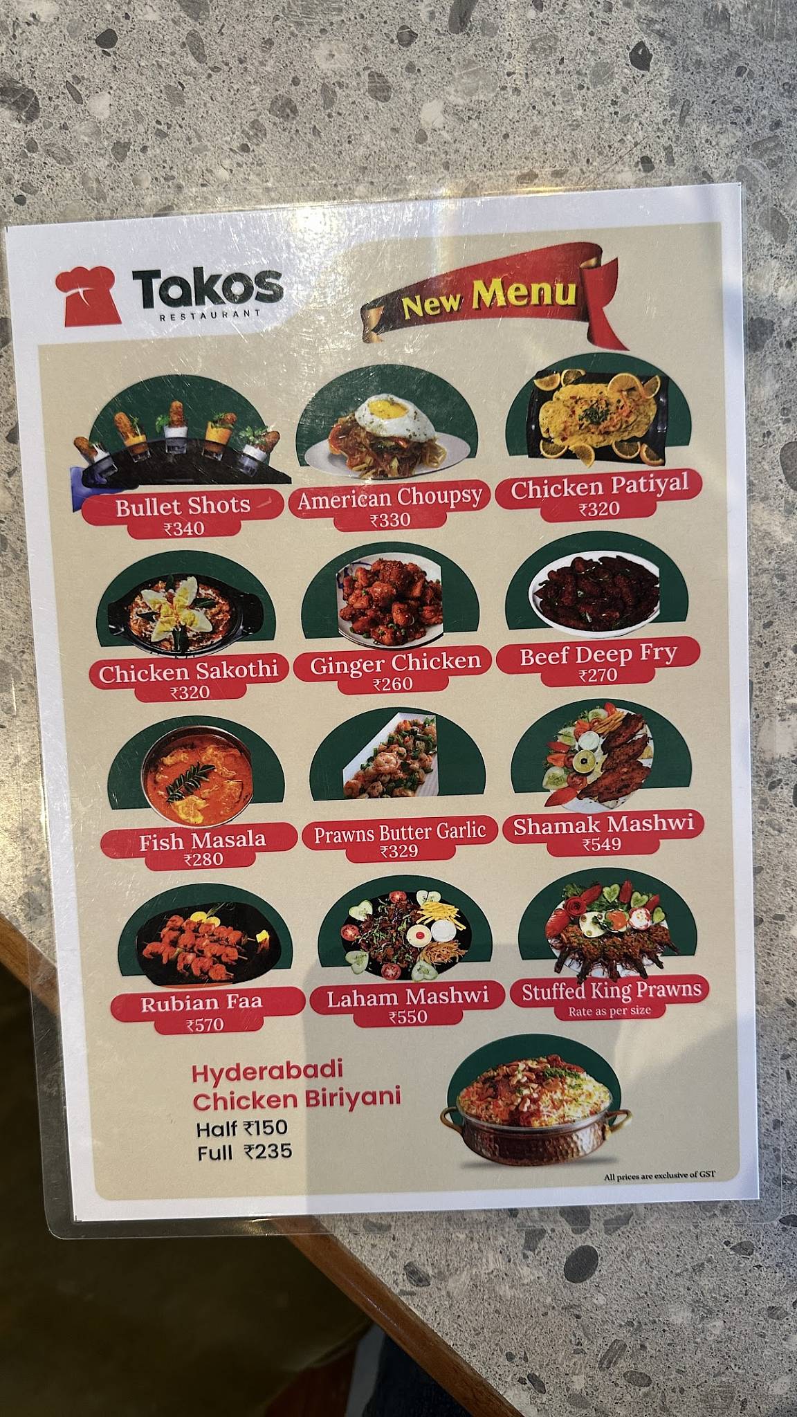 Takos Restaurant menu