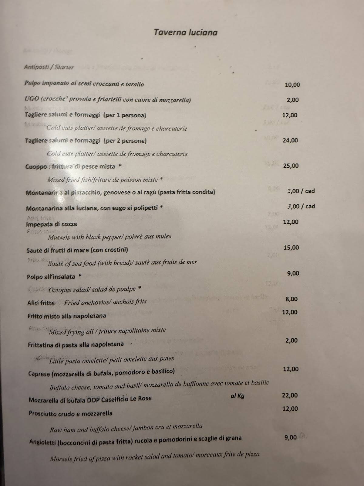 Menu di Taverna Lucìana