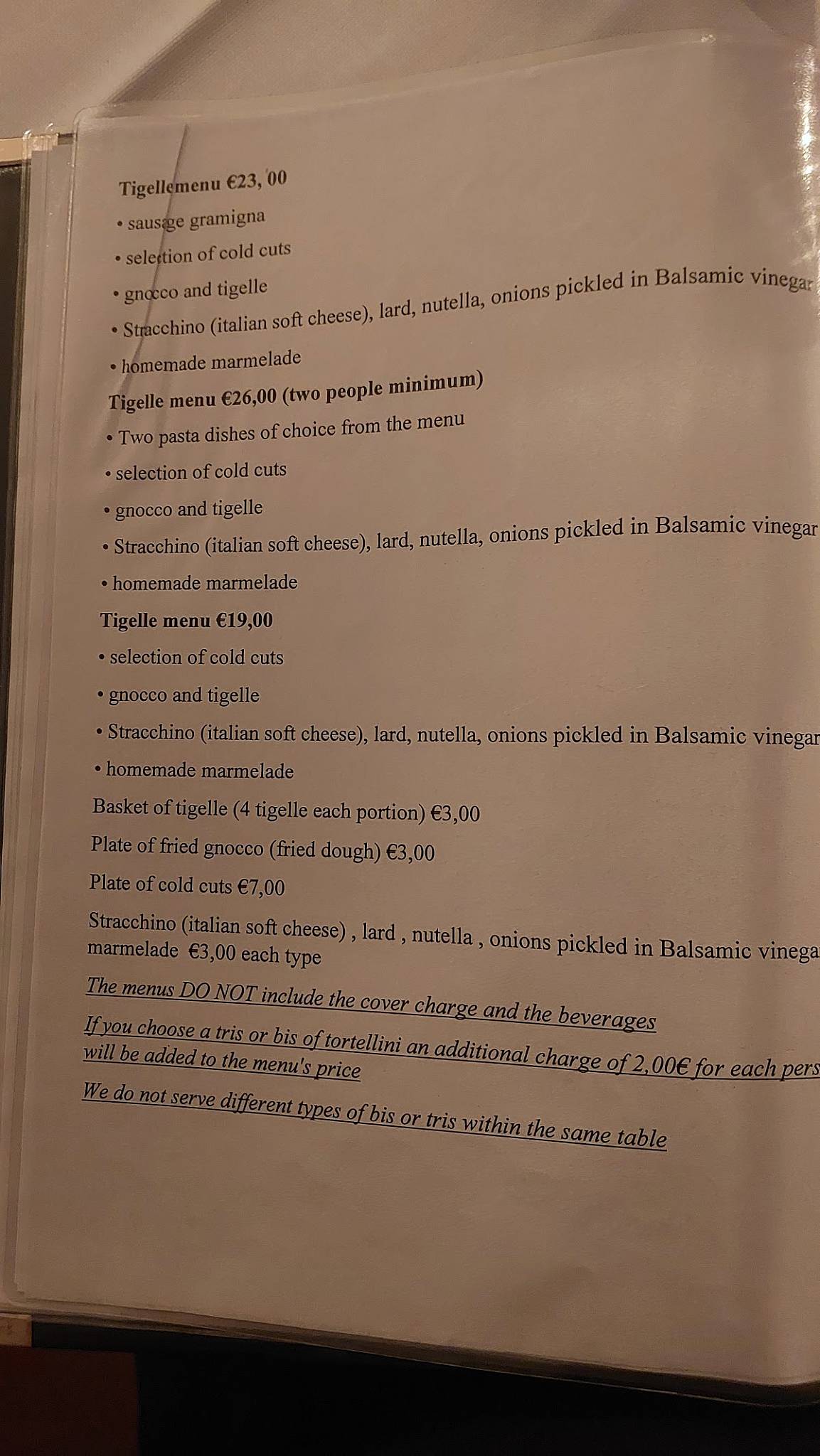 Menu di Taverna dei Servi 