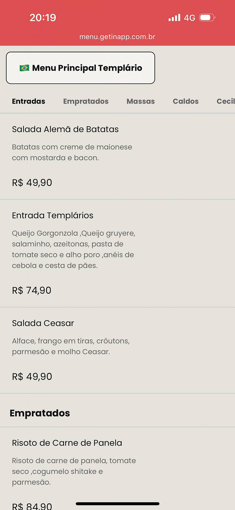 Restaurante Templário cardápio