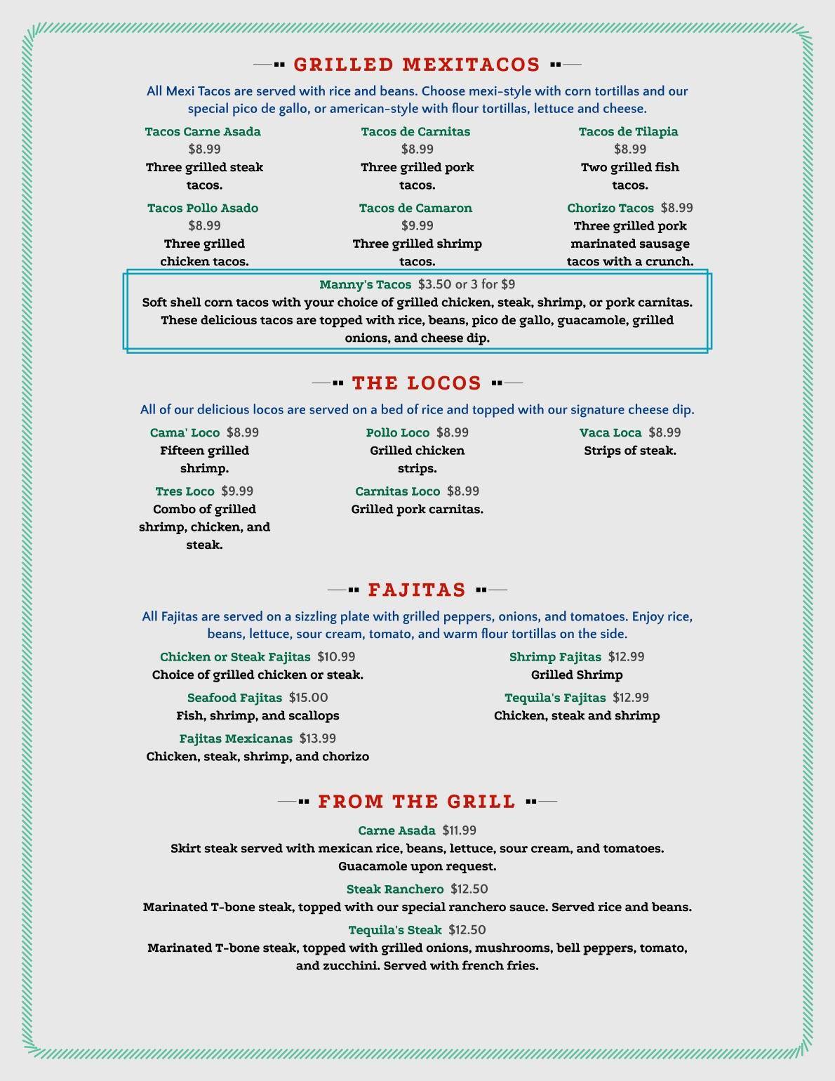 Menu at Tequila's Mexican Bar & Grill, Northwood