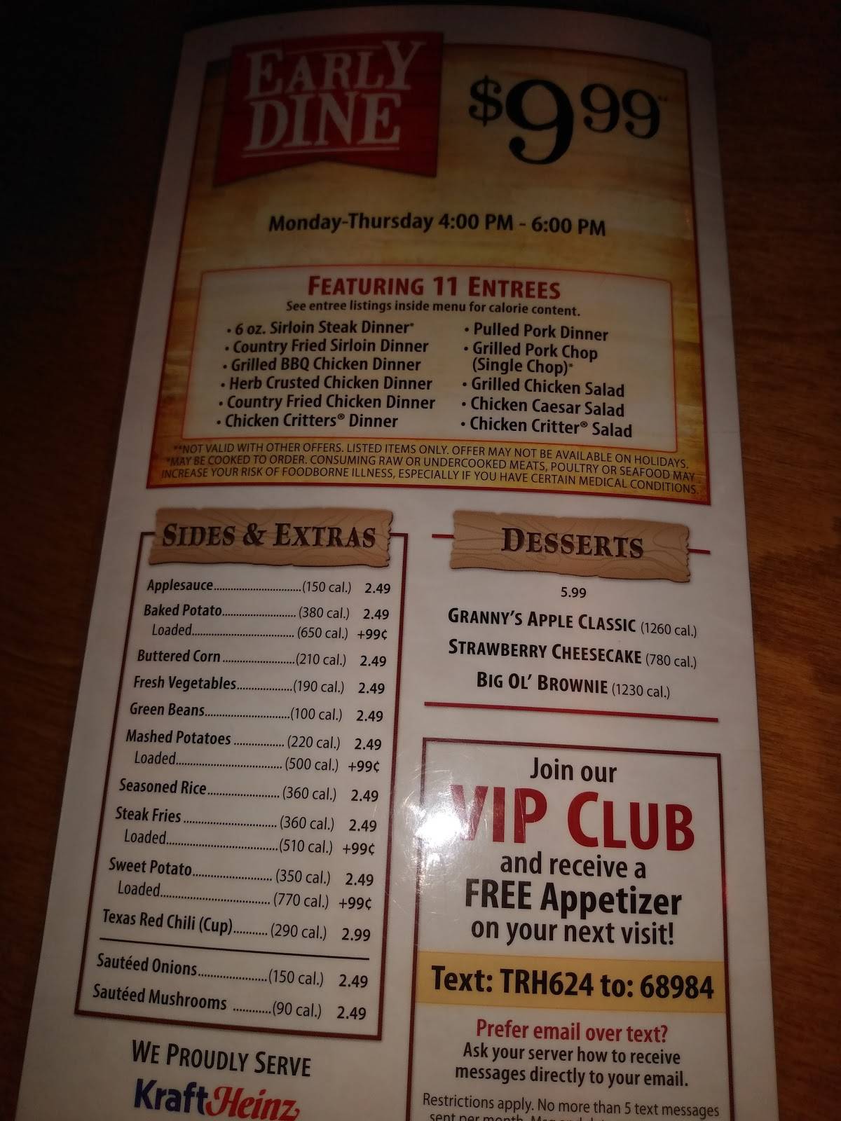 Menu at Texas Roadhouse steakhouse, Pittsburgh, 511 Clairton Blvd