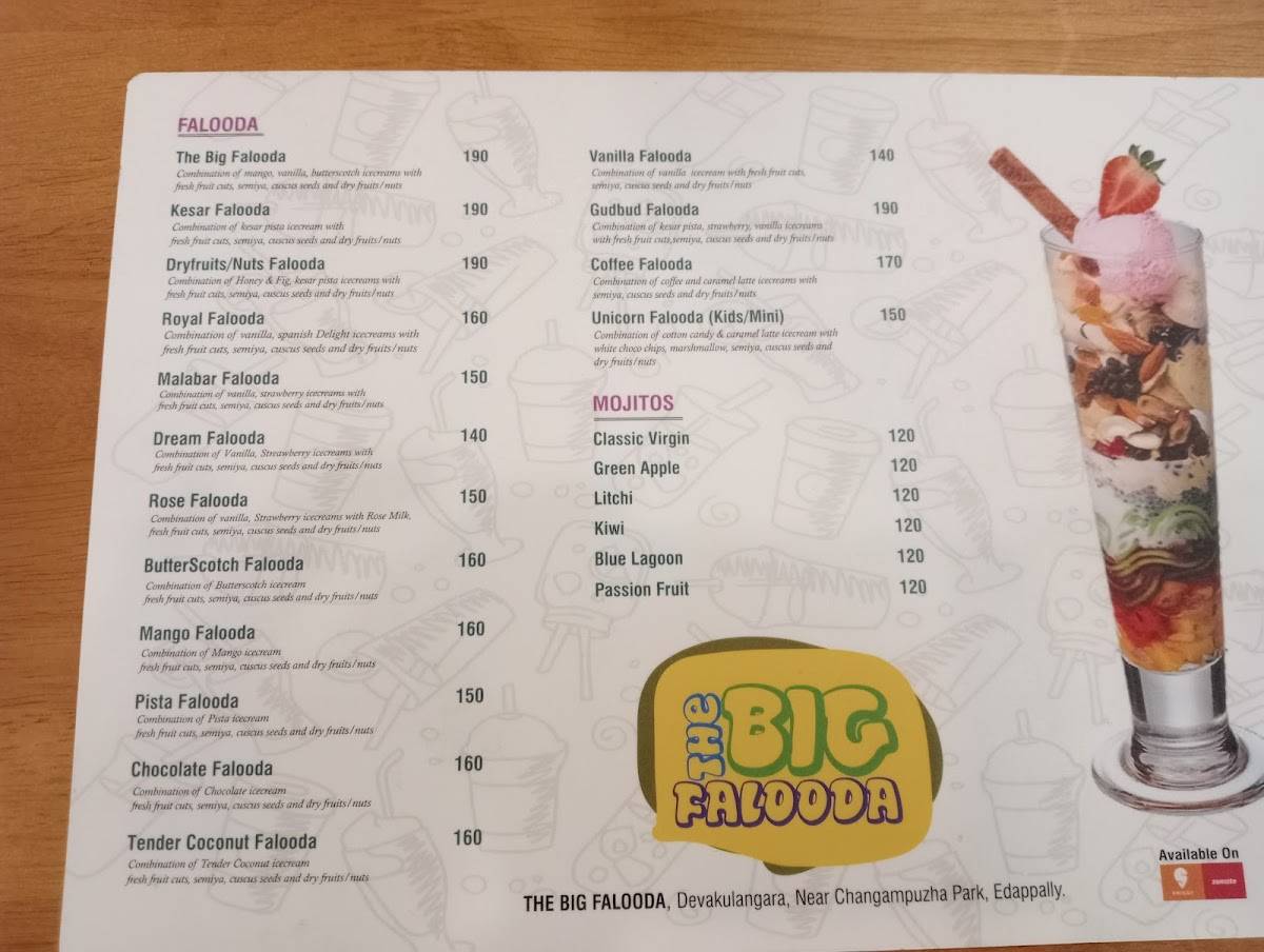 The Big Falooda menu