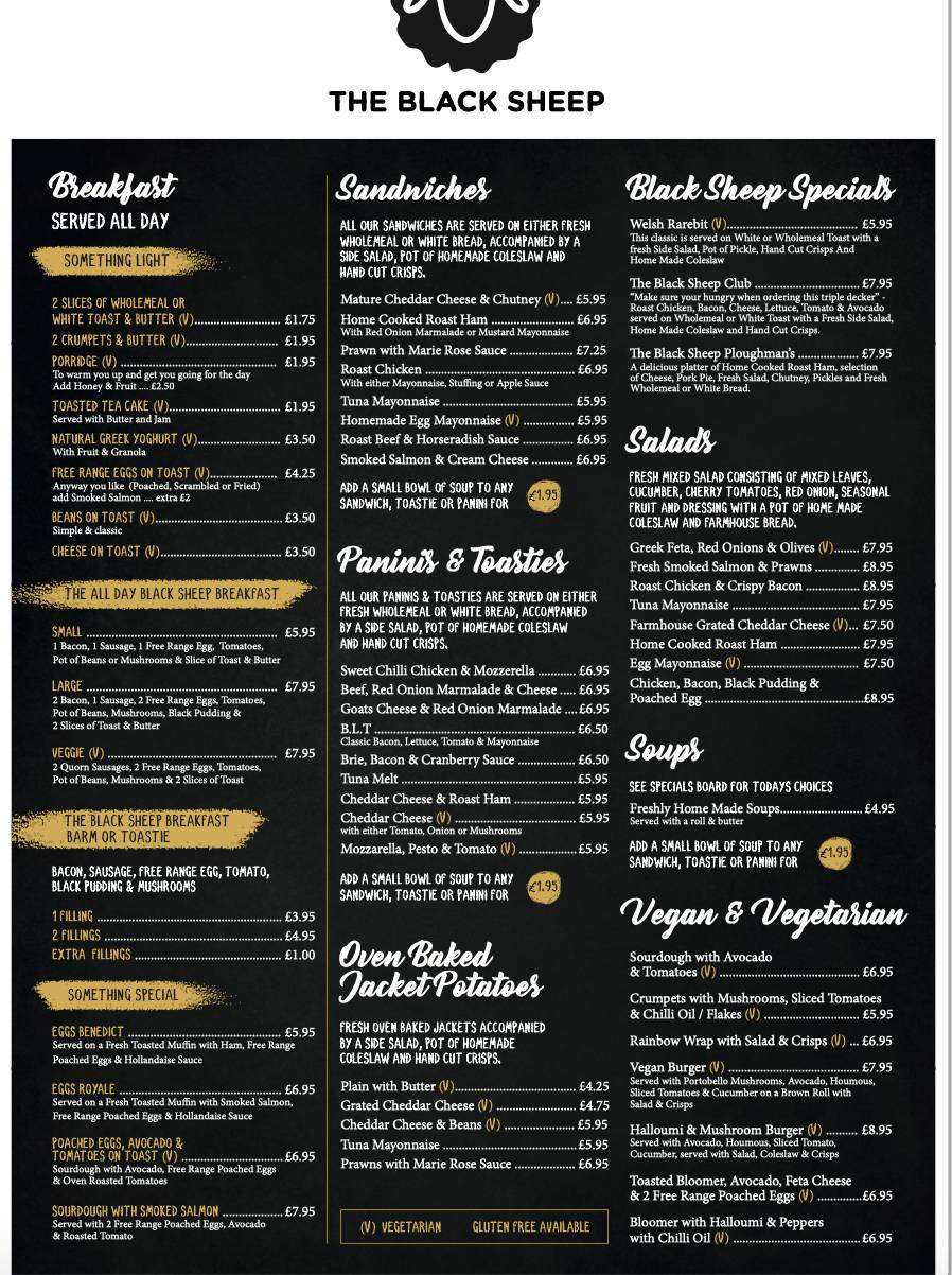 Menu at The Black Sheep Tea Room cafe, Lytham Saint Annes