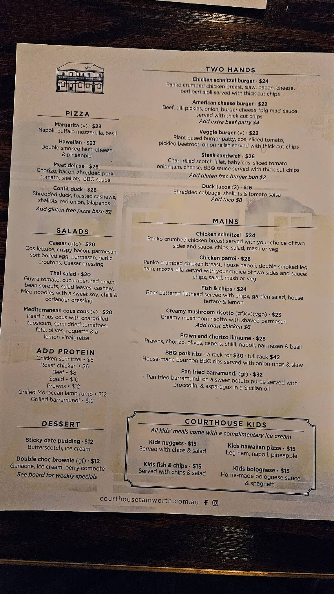 Menu at The Courthouse Hotel, Tamworth restaurant, Tamworth