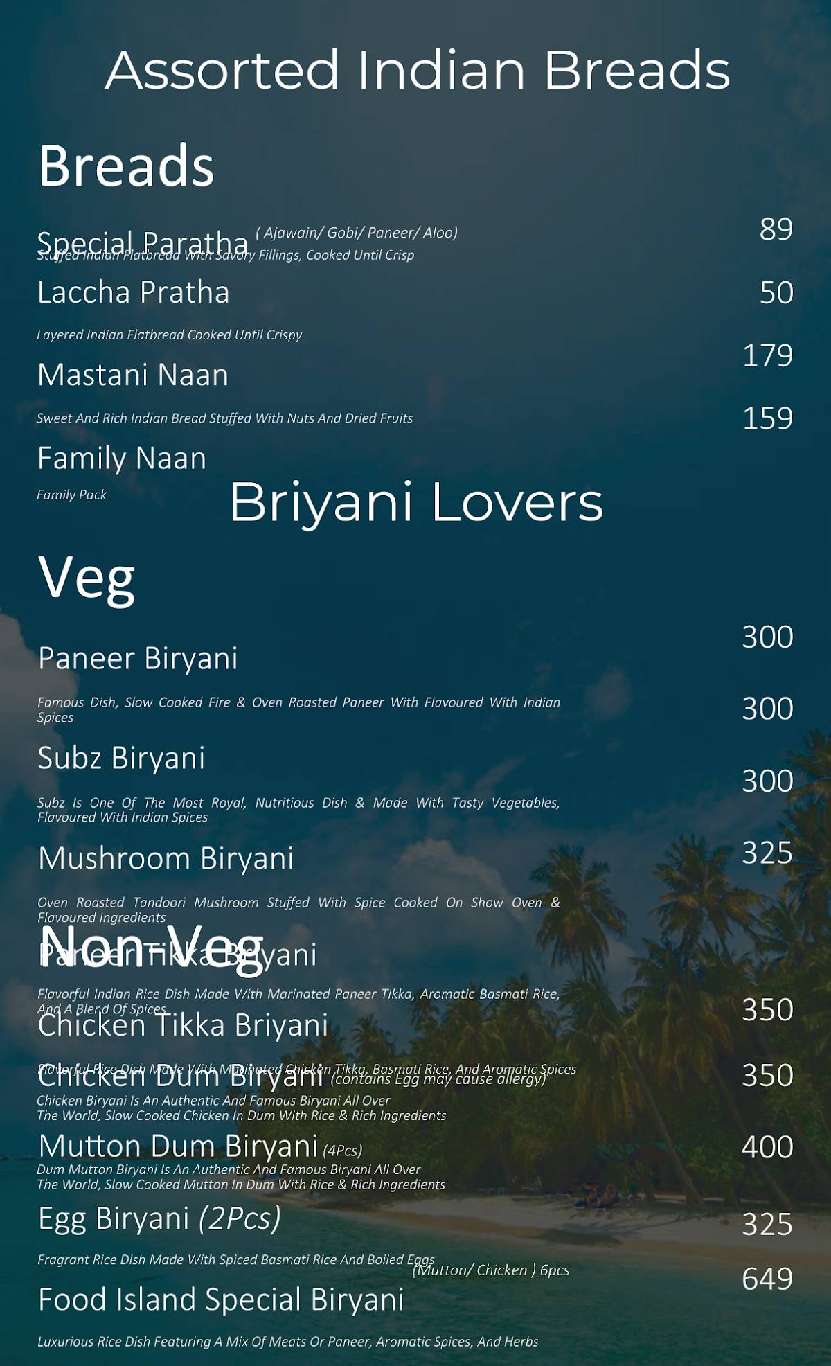 The Food Island menu