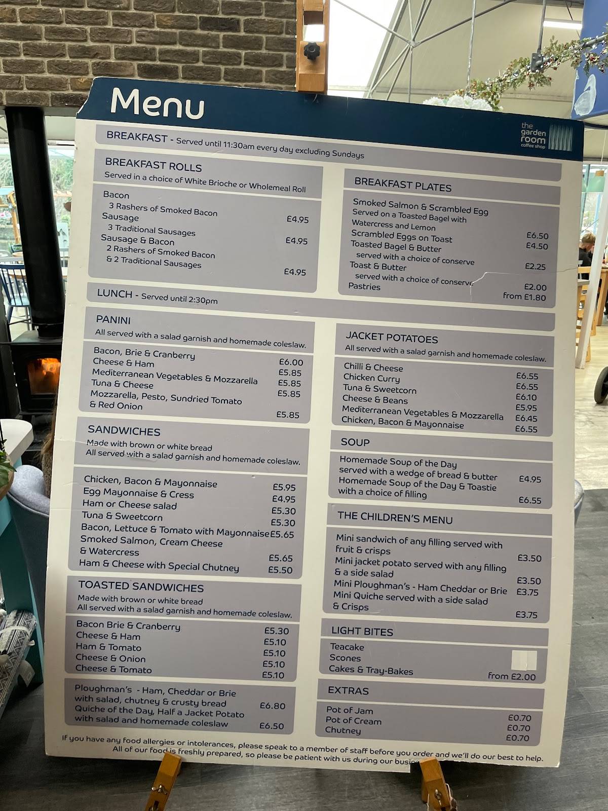 Menu at The Garden Room cafe, Warminster