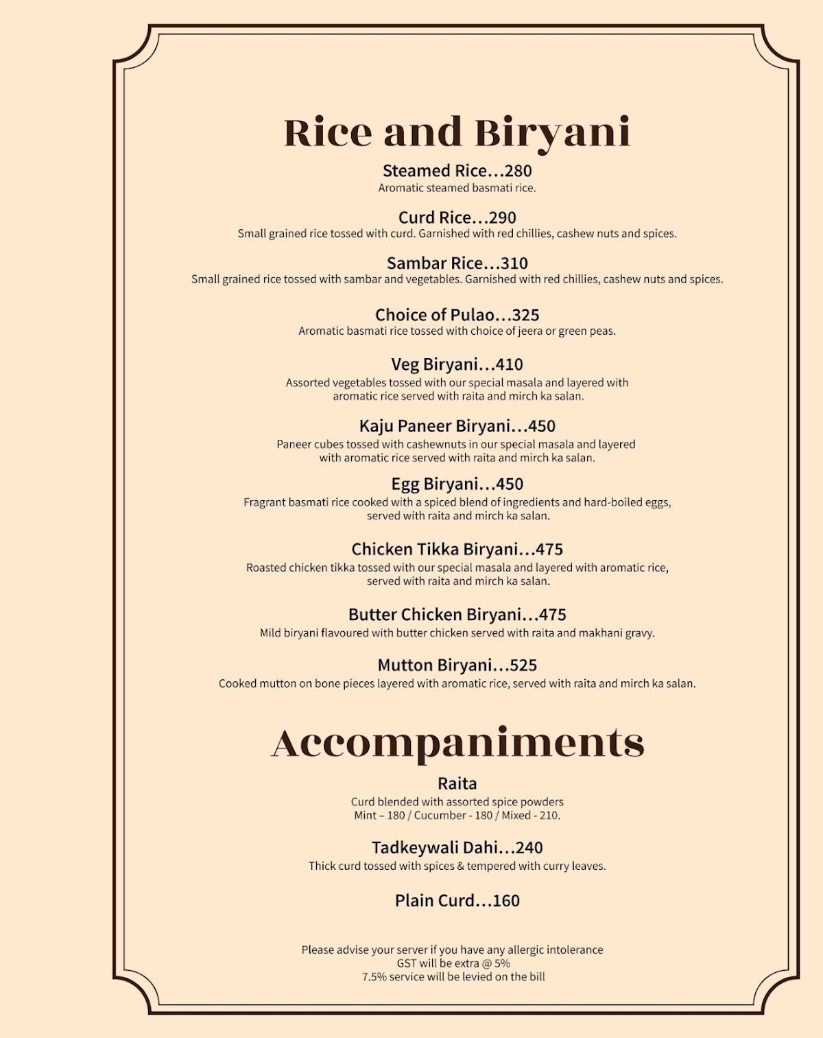The Grand Trunk Road Restaurant menu