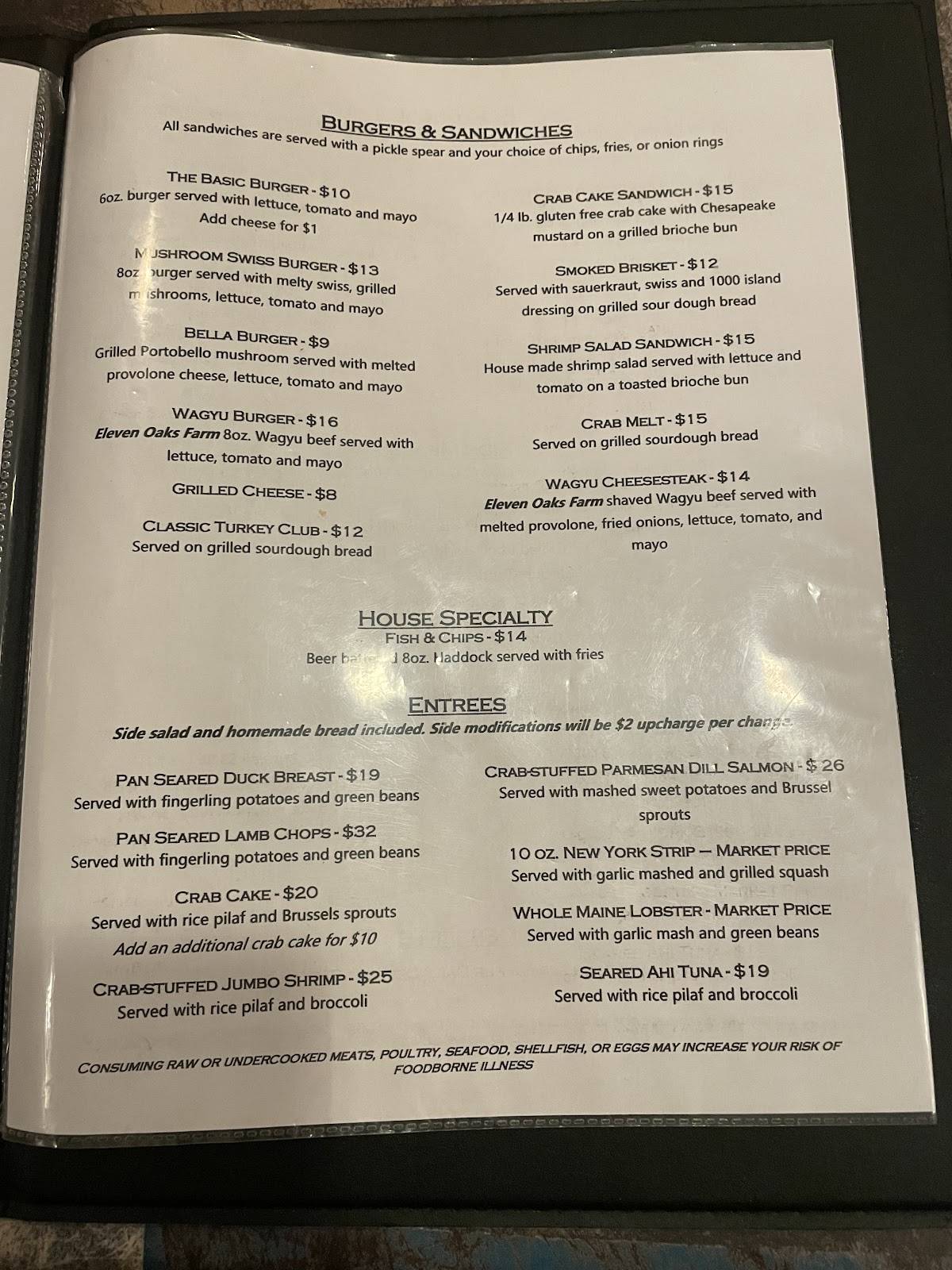 Menu at The Hoof, Fin & Fowl steakhouse, Gettysburg