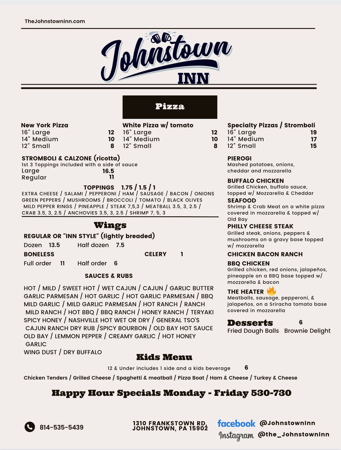 Menu at The Johnstown Inn pub & bar, Johnstown