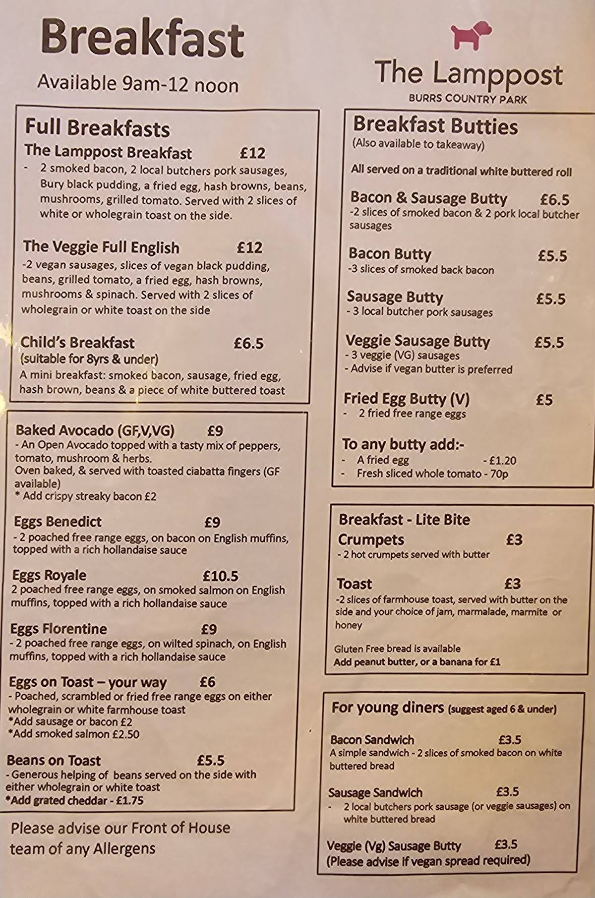 Menu at The Lamppost Burrs Country Park restaurant, Bury