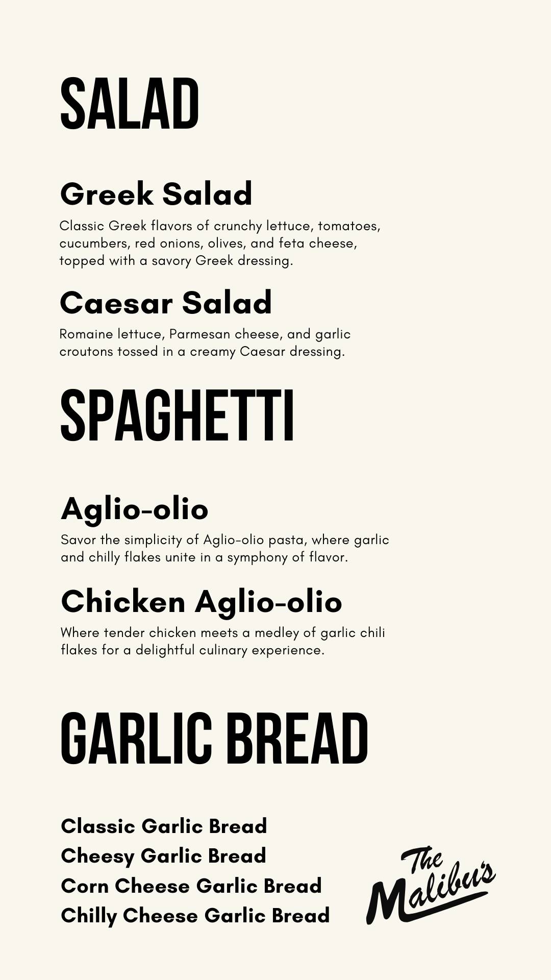 The Malibu's Cafe menu