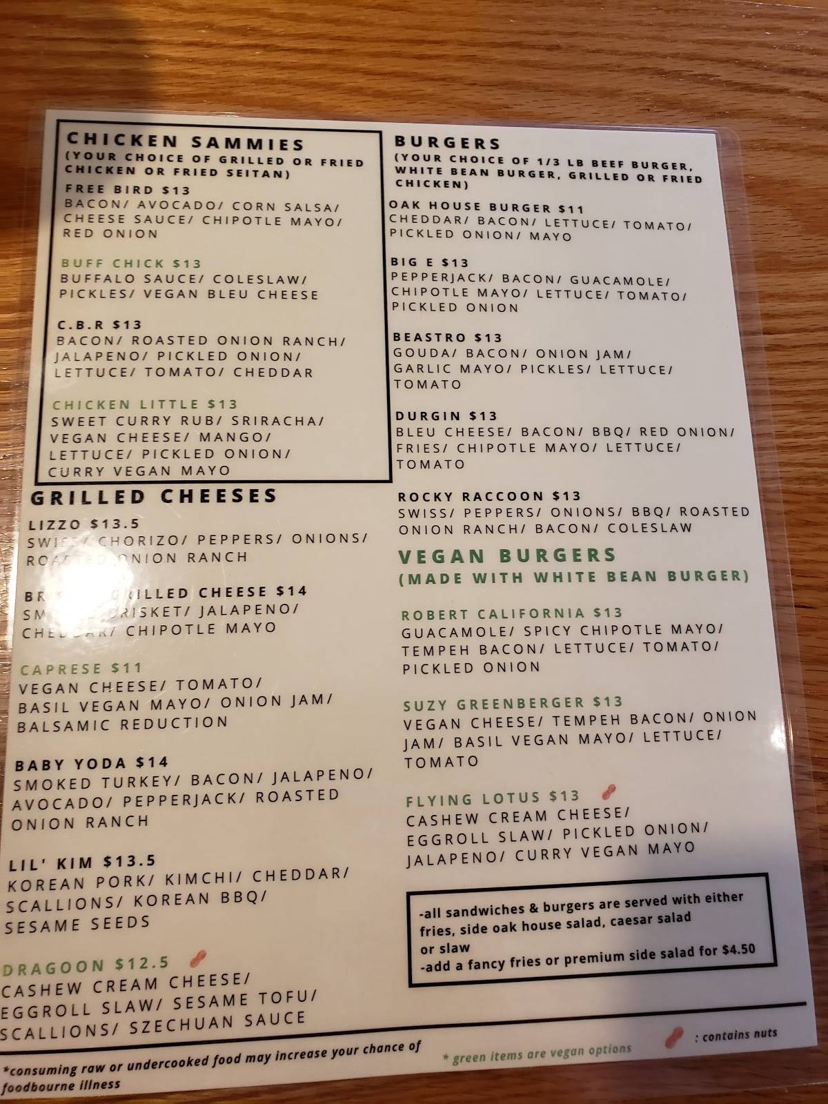 Menu at The Oak House restaurant, Newmarket