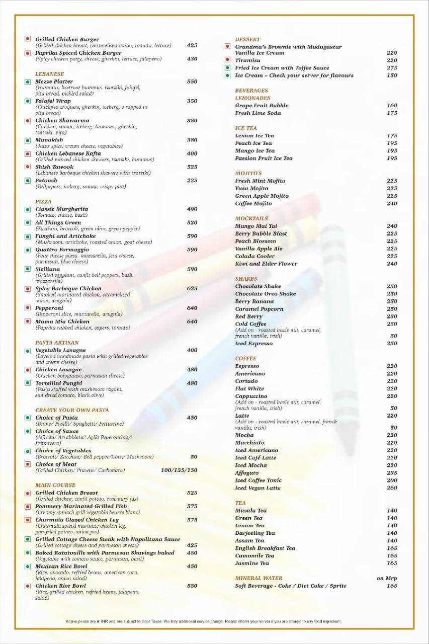 Menu at The Palette Cafe, New Delhi