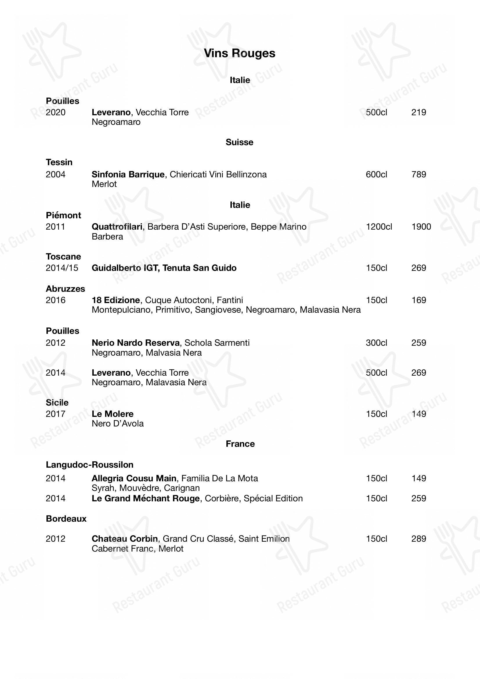 Menu au The Place 2B BIKINI BEACH, Lausanne