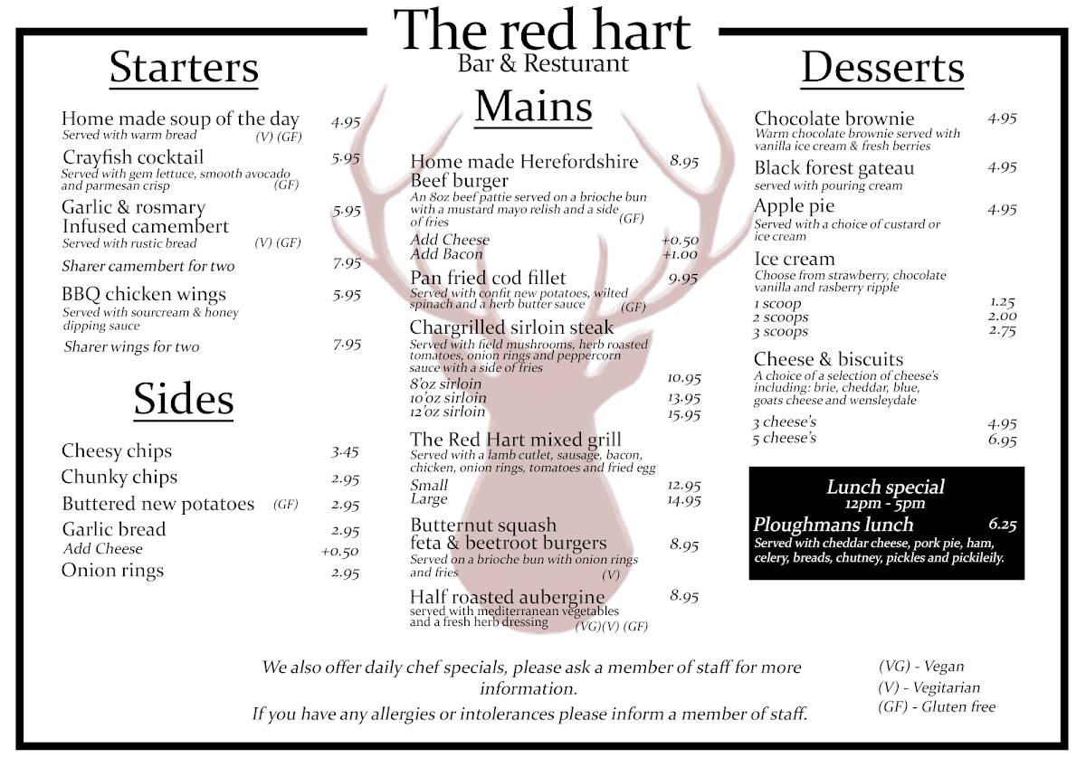 Menu at The Red Hart, Kington pub & bar, Inkberrow