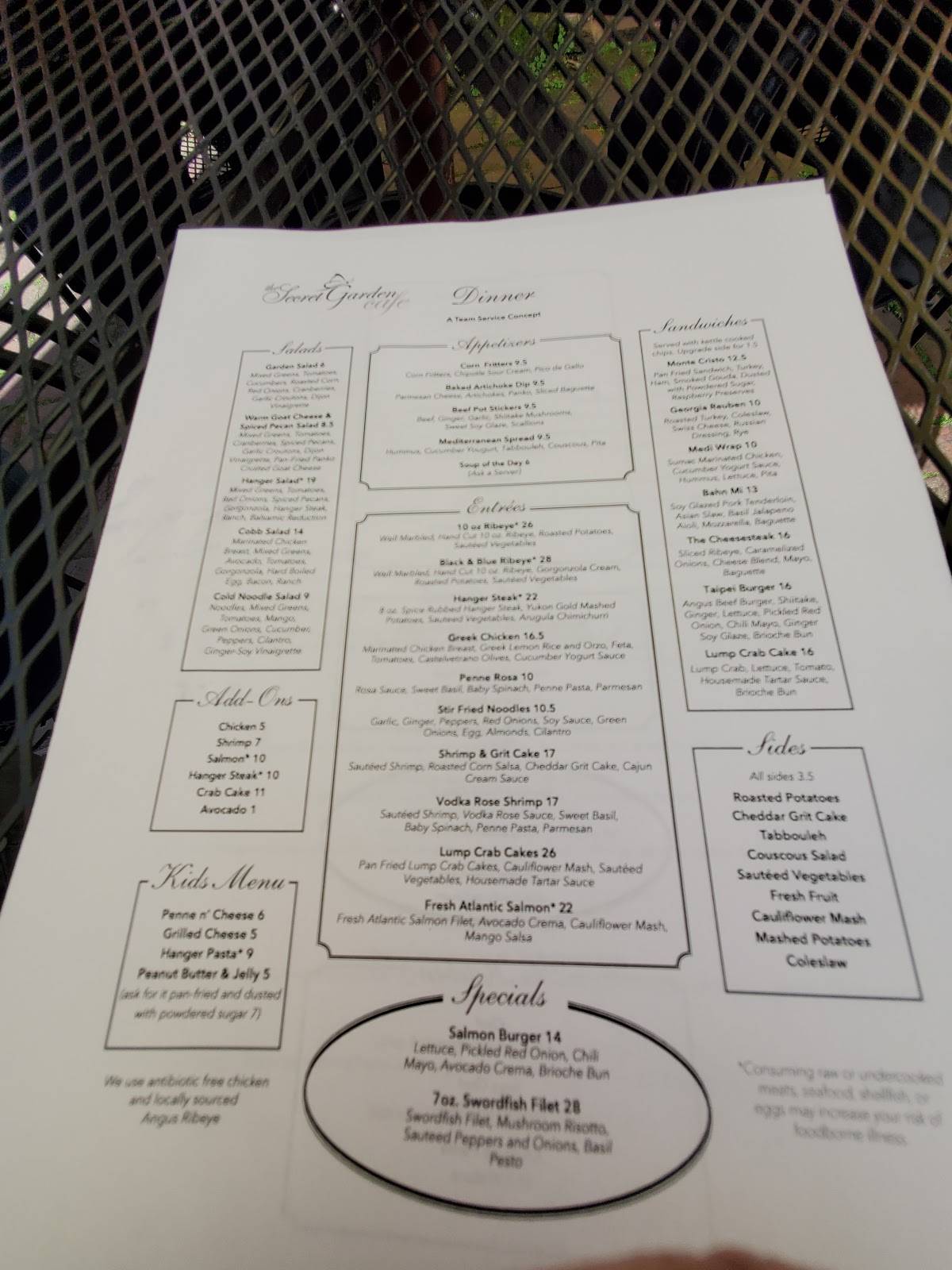 Menu at The Secret Garden Cafe, Occoquan
