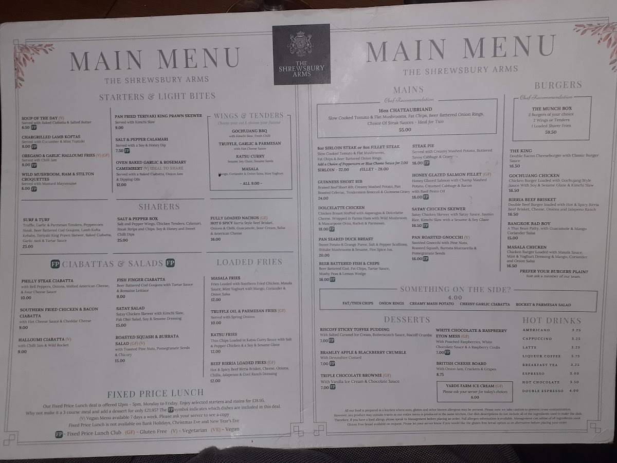 Menu At The Shrewsbury Arms Pub And Bar Albrighton 70 High St