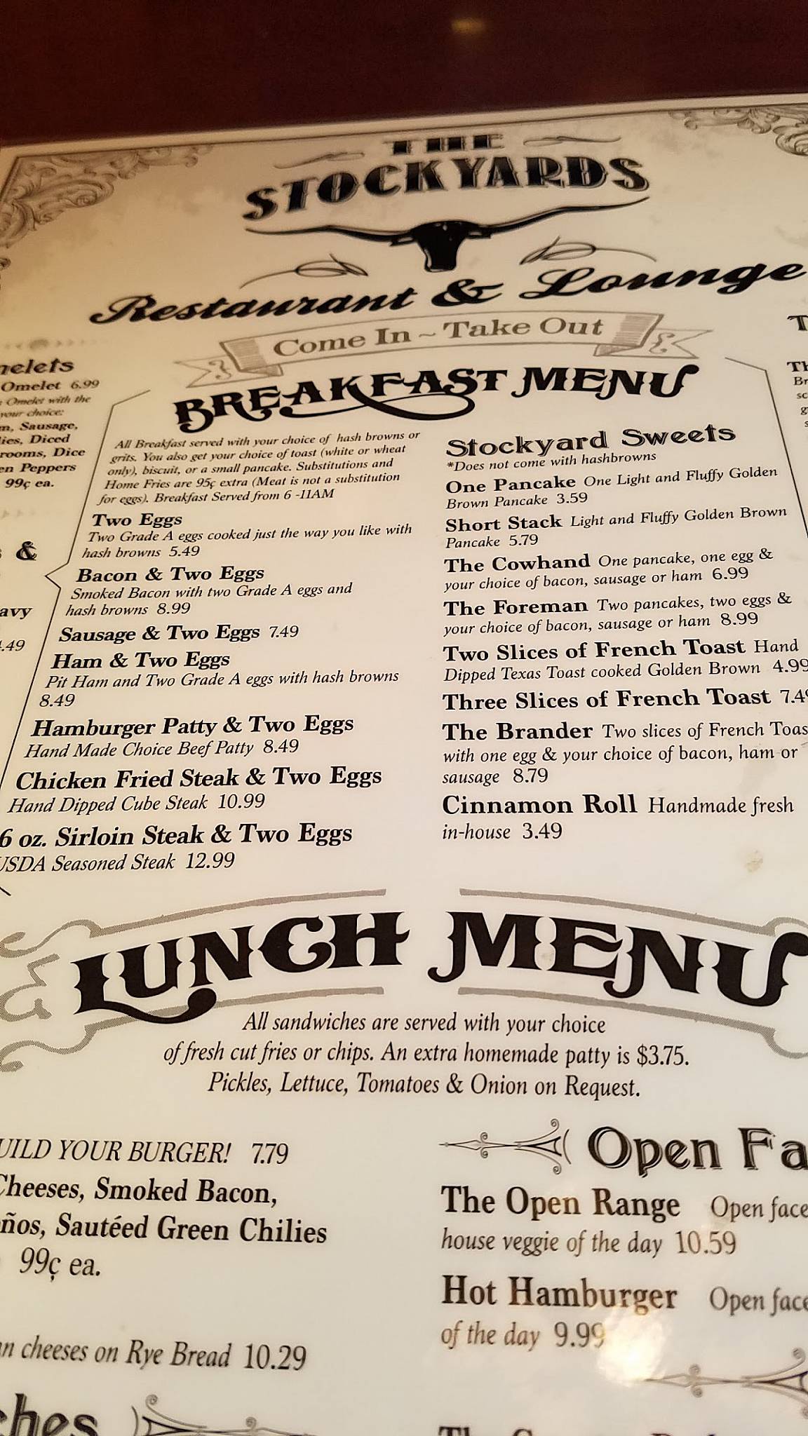 Menu at The Stockyards cafe, Delta
