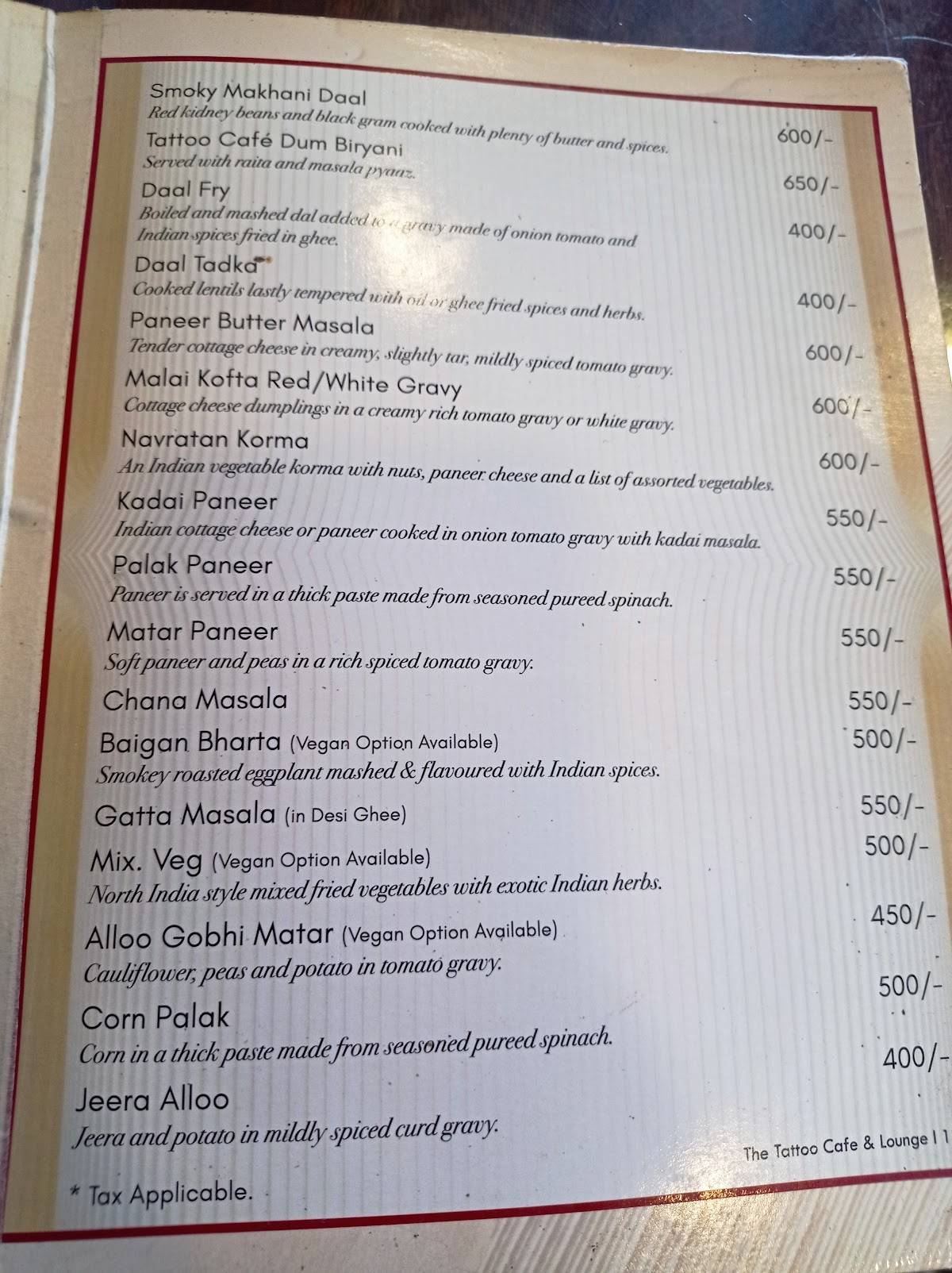 The Tattoo Cafe & Lounge menu