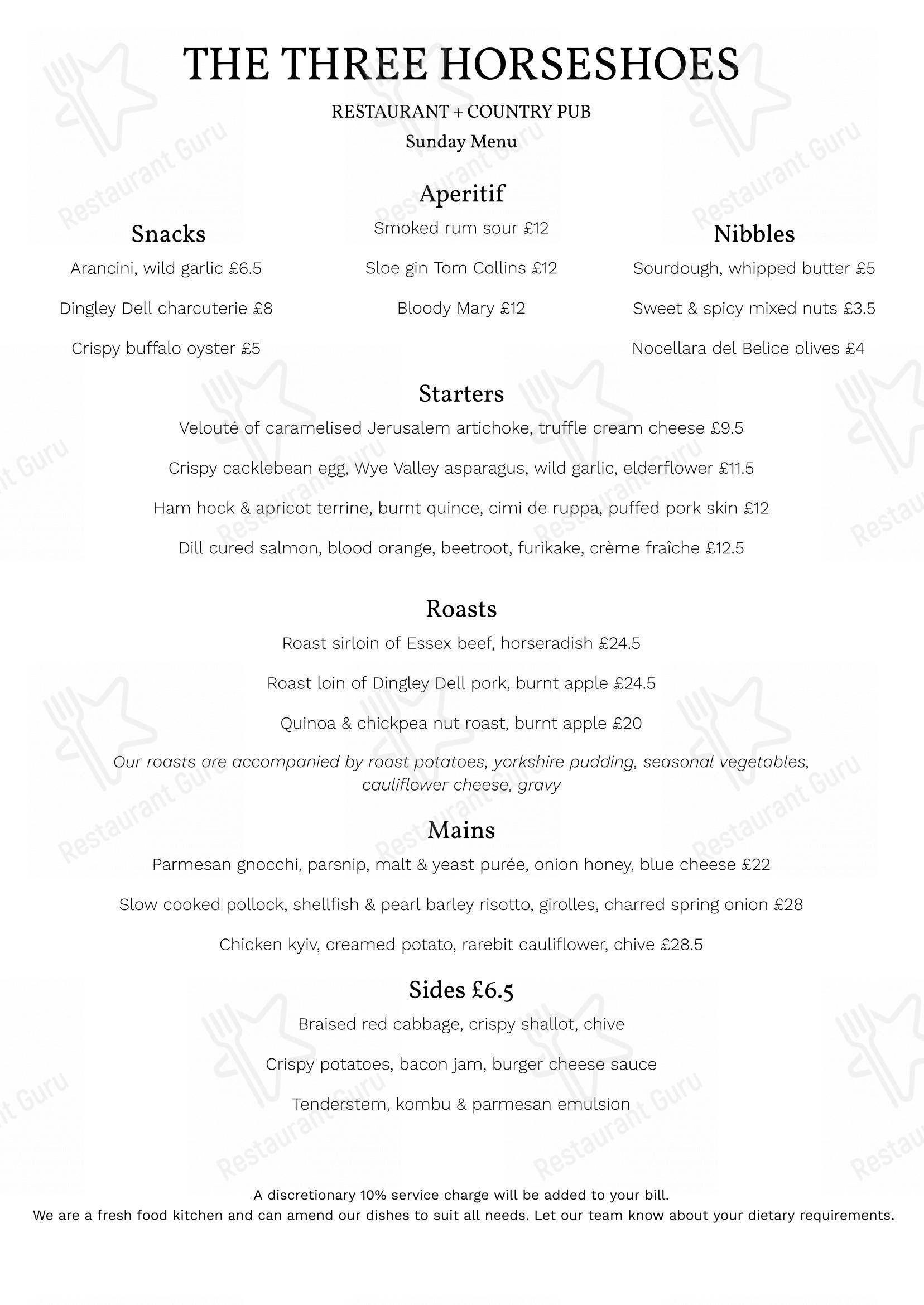 Menu at The Three Horseshoes restaurant, Colchester, 74 Church Rd