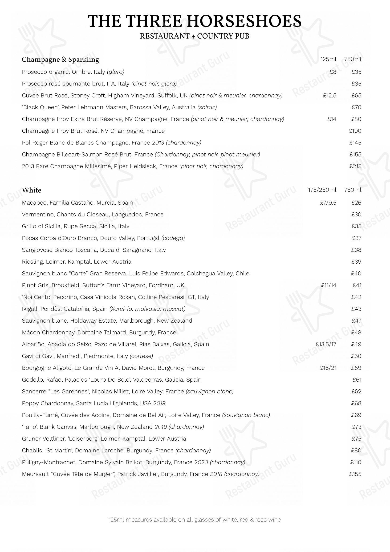 Menu at The Three Horseshoes restaurant, Fordham, 74 Church Rd