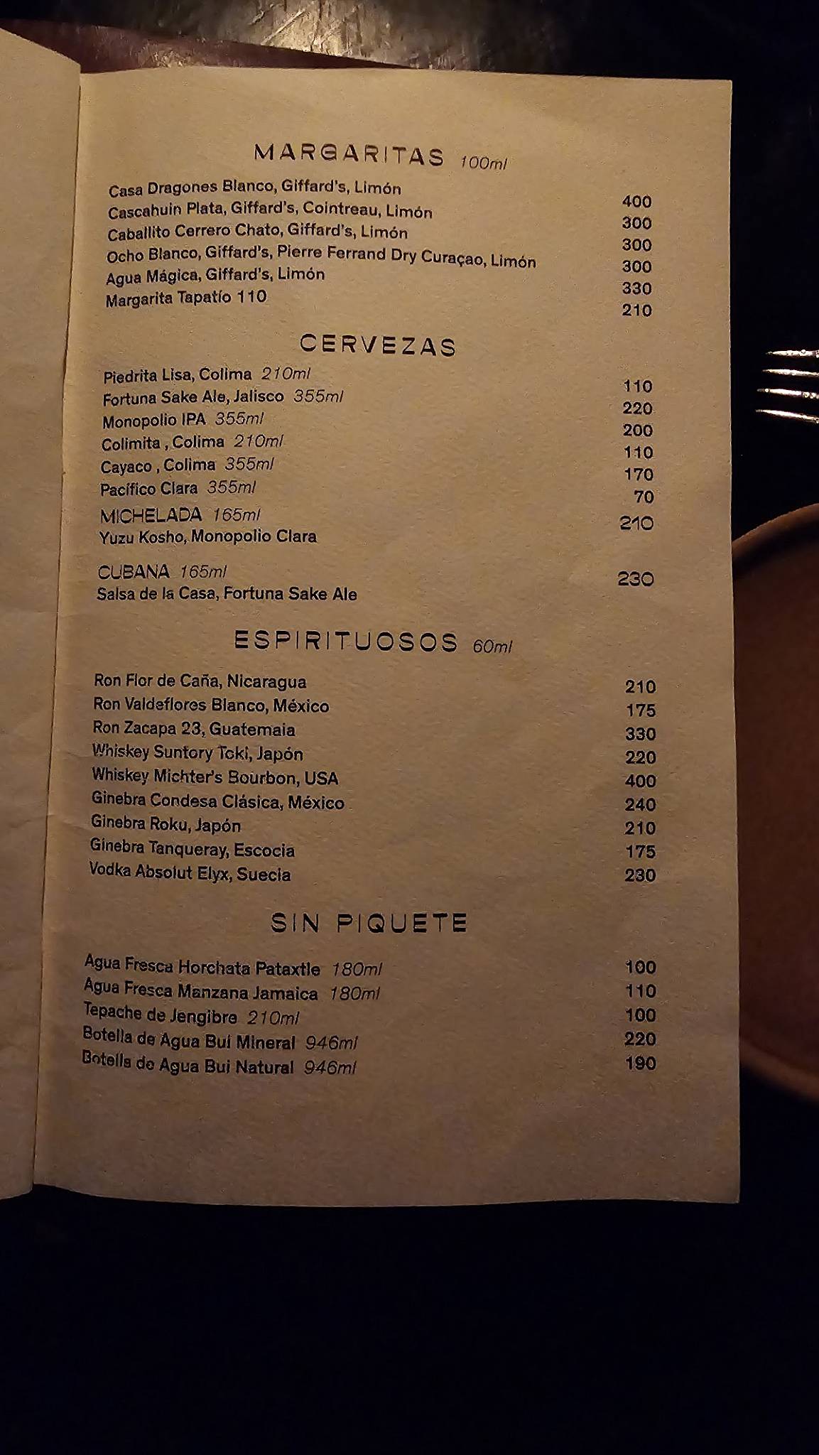 Carta del pub y bar Ticuchi, Ciudad López Mateos