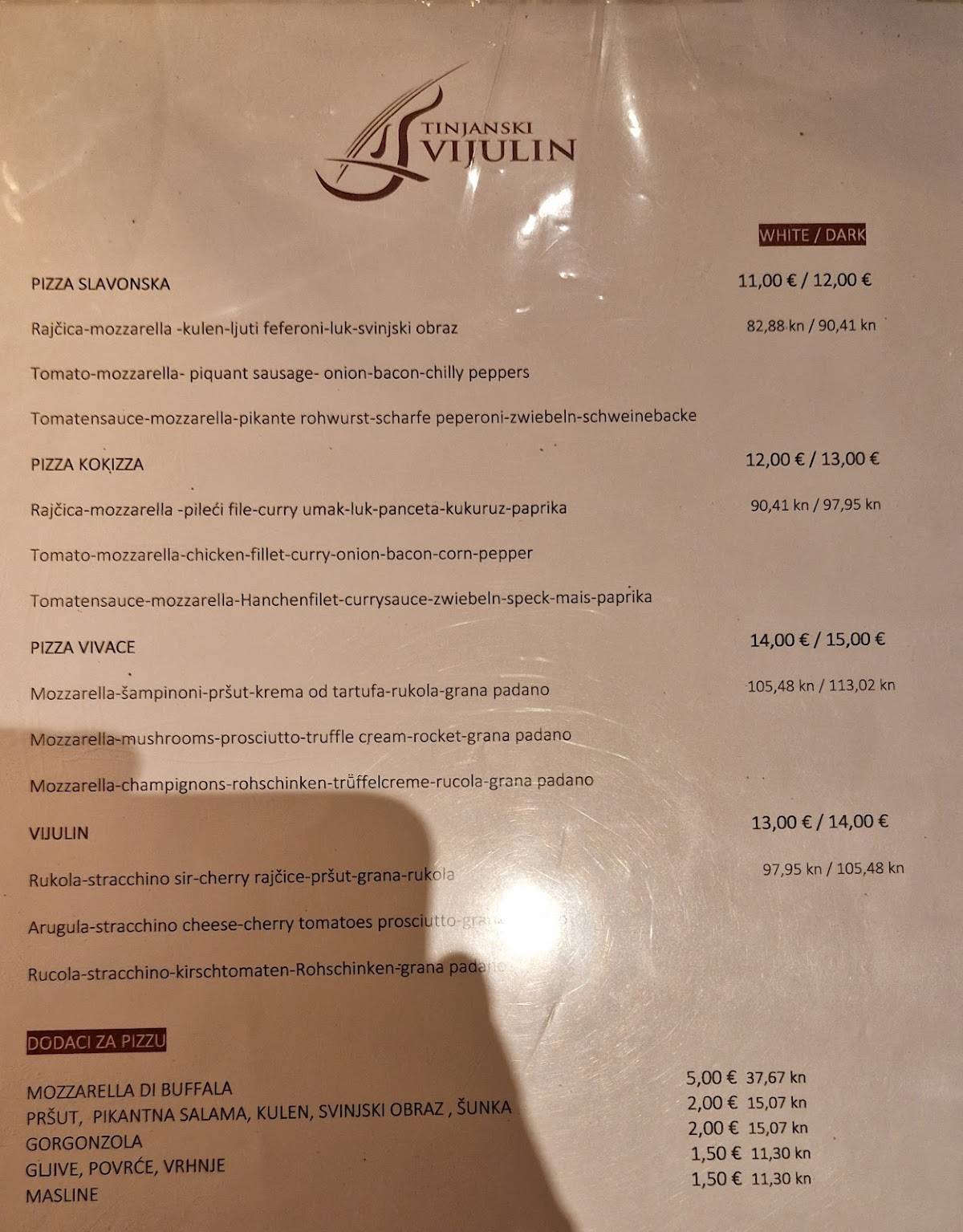 Menu di Tinjanski Vijulin Restaurant Pizzeria 